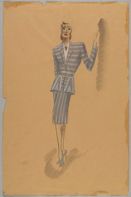 <em>"Sketch Collection. Irene sketch, gray suit with wide horizontal pin stripes and diagonal stripes accenting jacket, n.d."</em>. Printed material. Brooklyn Museum, fashion sketches. (Photo: Brooklyn Museum, SC01.1_box093-4_Irene_gray+suit_PS9.jpg