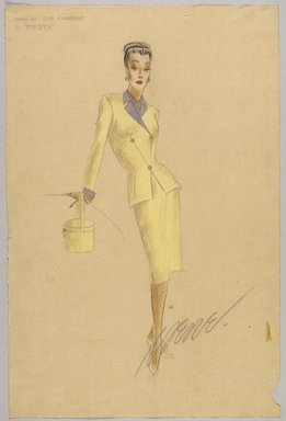 <em>"Sketch Collection. Irene sketch, yellow suit and handbag for for Cyd Charisse in 'Fiesta,' n.d."</em>. Printed material. Brooklyn Museum, fashion sketches. (Photo: Brooklyn Museum, SC01.1_box093-5_Irene_Cyd_Charisse_Fiesta_yellow_suit_PS9.jpg