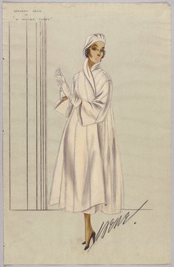 <em>"Sketch Collection. Irene sketch, white coat and hat for for Deborah Kerr, in 'If Winter Comes,' n.d."</em>. Printed material. Brooklyn Museum, fashion sketches. (Photo: Brooklyn Museum, SC01.1_box093-5_Irene_Deborah_Kerr_If_WInter_Comes_white_coat_PS9.jpg