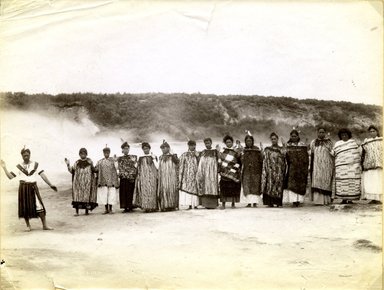 <em>"Line of Maori women wearing traditional cloaks."</em>, 1883. Bw photographic print, 5 x 7 in (13 x 16 cm). Brooklyn Museum. (Photo: Brooklyn Museum, TR680_N42_Maori_TL1986.450.30_SL4.jpg