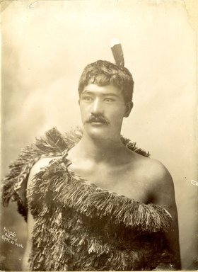 <em>"Portrait of young moustached Maori man in traditional dress."</em>, 1883. Bw photographic print, 5 x 7 in (13 x 16 cm). Brooklyn Museum. (Photo: Brooklyn Museum, TR680_N42_Maori_TL1986.450.31_SL4.jpg