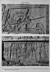 <em>"Neo-Sassanian reliefs on a mountainside at Rayy (Rhages), near Teheran, depicting Fath Ali Shah killing a lion (above) and enthroned (below), first half of 19th cent."</em>, 1959. Bw negative 4x5in. Brooklyn Museum. (N17_En1_pl47_bw.jpg