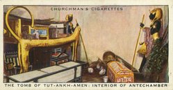 <em>"The Tomb of Tut-ankh-amen: Interior of Antechamber"</em>. Printed material. Brooklyn Museum. (N328_Z1_W37_Cigarette_Cards_Tomb_of_Tut_Antechamber.jpg