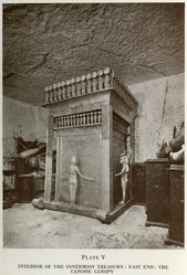 <em>"Interior of the inner most treasury: East End: canopic canopy."</em>. Printed material. Brooklyn Museum. (N384_T3C24_Carter_Tomb_of_Tut_v3_Canopic_Canopy_plV.jpg