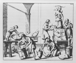<em>"Fig. 1. The making of a plaster mould—etching (from Carradori's Istruzione). To the right the mosaic of plaster is applied to the statue.  Here some small pieces (tasselli) are applied.  Plaster is mixed by the kneeling youth.  This is poured into a reassembled mould which has been coated inside with grease in the manner shown on the far left."</em>, 1981. b/w negative, 4x5in. Brooklyn Museum. (NB85_H27_fig1_bw.jpg