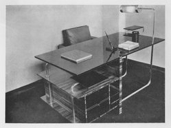 <em>""The Secretary" desk with swivel seat for a stenographer, and stand for telephone. Frederick J. Kiesler."</em>, 1930. Bw negative 4x5in. Brooklyn Museum. (NK1530_Am3_p073_bw.jpg