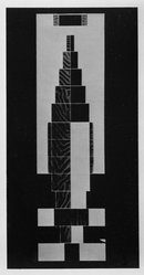 <em>"Frederick J. Kiesler. Project for a modern museum. Constructed of stainless steel, opaque and transparent glass. Lower section hermetically sealed with white opaque glass; lighted and aired artificially."</em>, 1930. Bw negative 4x5in. Brooklyn Museum. (NK1530_Am3_p117_bw.jpg