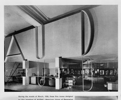 <em>"During the month of March, 1930, five rooms designed by five members of AUDAC (American Union of Decorative Artists and Craftsmen) were exhibited at the Grand Central Palace.  The plan was designed by Frederick J. Kiesler and the individual rooms were contributed by Donald Deskey, Willis S. Harrison, Frederick J. Kiesler, Wolfgang and Pola Hoffmann, and Alexander Kachinsky."</em>, 1930. Bw negative 4x5in. Brooklyn Museum. (NK1530_Am3_p132_bw.jpg