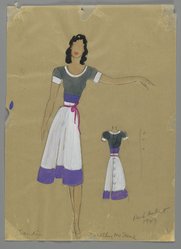 <em>"Fashion and Costume Sketch Collection. René Hubert sketch, dress with white skirt for Dorothy McGuire in 'Claudia,' 1943."</em>. Printed material. Brooklyn Museum. (Photo: Brooklyn Museum, SC01.1_box016-3_Hubert_Claudia_Dorothy_McGuire_dress_with_white_skirt_1943_PS2.jpg