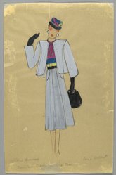 <em>"Fashion and Costume Sketch Collection. René Hubert sketch, gray suit with bag for Mrs. Brown in 'Claudia,' 1943."</em>. Printed material. Brooklyn Museum. (Photo: Brooklyn Museum, SC01.1_box016-3_Hubert_Claudia_Mrs._Brown_gray_suit_with_bag_1943_PS2.jpg
