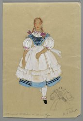 <em>"Fashion and Costume Sketch Collection. René Hubert sketch, Margaret O'Brian as Jane in 'Jane Eyre,' 1944"</em>. Printed material. Brooklyn Museum. (Photo: Brooklyn Museum, SC01.1_box016-3_Hubert_Jane_Eyre_Margaret_OBrian_Jane_in_apron_1944_PS2.jpg