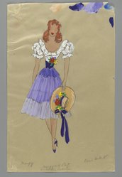 <em>"Fashion and Costume Sketch Collection. René Hubert sketch, white lace blouse with hat and tiered skirt for Margy, Margy and Pat on roller coaster, n.d."</em>. Printed material. Brooklyn Museum. (Photo: Brooklyn Museum, SC01.1_box016-3_Hubert_white_lace_blouse_with_hat_and_tiered_skirt_PS2.jpg