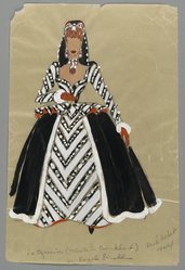 <em>"Fashion and Costume Sketch Collection. René Hubert sketch, Tallulah Bankhead in  'A Royal scandal,' 1945."</em>. Printed material. Brooklyn Museum. (Photo: Brooklyn Museum, SC01.1_box016-4_Hubert_A_Royal_Scandal_Tallulah_Bankhead_1945_PS2.jpg