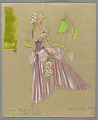 <em>"Fashion and Costume Sketch Collection. René Hubert sketch, pink and green gown for Betty Grable in 'Sweet Rosie O'Grady,' 1943."</em>. Printed material. Brooklyn Museum. (Photo: Brooklyn Museum, SC01.1_box016-4_Hubert_Sweet_Rosie_OGrady_Betty_Grable_pink_and_green_gown_1943_PS2.jpg