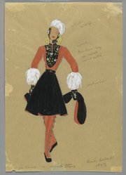 <em>"Fashion and Costume Sketch Collection. René Hubert sketch, read and black ensemble for Sonya Henie in 'Wintertime,' n.d."</em>. Printed material. Brooklyn Museum. (Photo: Brooklyn Museum, SC01.1_box016-4_Hubert_Wintertime_Sonya_Henie_red_and_black_ensemble_PS2.jpg