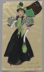 <em>"Fashion and Costume Sketch Collection. René Hubert sketch, green and black Victorian gown for Joan Bennett, n.d."</em>. Printed material. Brooklyn Museum. (Photo: Brooklyn Museum, SC01.1_box016-5_Hubert_Joan_Bennett_green_and_black_Victorian_PS2.jpg