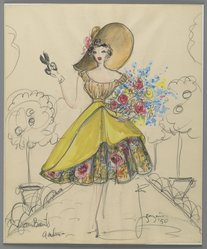 <em>"Fashion and Costume Sketch Collection. Charles LeMaire sketch, Joan Bennett in 'Flower Girl,' 1950."</em>. Printed material. Brooklyn Museum. (Photo: Brooklyn Museum, SC01.1_box017-2_LeMaire_Flower_Girl_Joan_Bennett_1950_PS2.jpg
