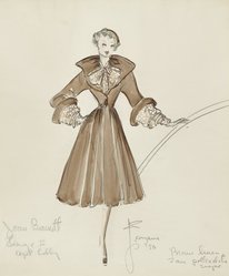 <em>"Fashion and Costume Sketch Collection. Charles LeMaire sketch, Joan Bennett,  change II, apt. lobby, 1950. Brown linen dress, tan polka dots, crepe."</em>, 1950. Printed material. Brooklyn Museum. (Photo: Brooklyn Museum, SC01.1_box017-2_LeMaire_brown_dress_Joan_Bennett_1950_PS4.jpg