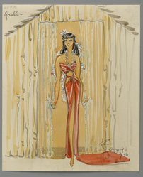 <em>"Fashion and Costume Sketch Collection. Charles LeMaire sketch, bamboo hat and red gown for Betty Grable, 1950."</em>. Printed material. Brooklyn Museum. (Photo: Brooklyn Museum, SC01.1_box017-3_LeMaire_Betty_Grable_bamboo_hat_red_gown_1950_PS2.jpg