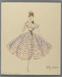 <em>"Fashion and Costume Sketch Collection. Charles LeMaire sketch, red and white gown with cherries for Mitzi Gaynor, n.d."</em>. Printed material. Brooklyn Museum. (Photo: Brooklyn Museum, SC01.1_box017-3_LeMaire_Mitzi_Gaynor_red_and_white_gown_with_cherries_PS2.jpg