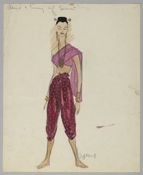<em>"Fashion and Costume Sketch Collection. Bonnie Cashin sketch, pink outfit for Anna and the King of Siam, 1946."</em>. Printed material. Brooklyn Museum. (Photo: Brooklyn Museum, SC01.1_box046-10_Cashin_Anna_and_the_King_of_Siam_pink_outfit_1946_PS2.jpg