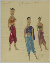 <em>"Fashion and Costume Sketch Collection. Bonnie Cashin sketch, three girls from Anna and the King of Siam, 1946."</em>. Printed material. Brooklyn Museum. (Photo: Brooklyn Museum, SC01.1_box046-10_Cashin_Anna_and_the_King_of_Siam_three_girls_1946_PS2.jpg