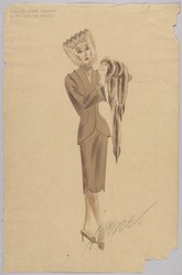 <em>"Fashion and Costume Sketch Collection. Irene sketch, suit for Ilona Massey in 'Holiday in Mexico,' n.d."</em>. Printed material. Brooklyn Museum, Fashion sketches. (Photo: Brooklyn Museum, SC01.1_box093-3_Irene_Holiday_in_Mexico_Ilona_Massey_suit_PS9.jpg