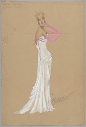 <em>"Fashion and Costume Sketch Collection. Irene sketch, gown with pink gloves for Ilona Massey in 'Holiday in Mexico,' n.d."</em>. Printed material. Brooklyn Museum. (Photo: Brooklyn Museum, SC01.1_box093-4_Irene_Irene_Holiday_in_Mexico_Ilona_Massey_gown_with_pink_gloves_PS9.jpg