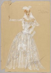 <em>"Fashion and Costume Sketch Collection. Irene sketch, gown with white tricorne hat for Lucille Ball in 'Time for Two,' n.d."</em>. Printed material. Brooklyn Museum. (Photo: Brooklyn Museum, SC01.1_box093-4_Irene_Irene_Time_for_Two_Lucille_Ball_gown_with_white_tricorne_hat_PS9.jpg
