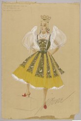 <em>"Fashion and Costume Sketch Collection. Irene sketch, Hungarian costume for Ilona Massey in 'Holiday in Mexico,' 1946."</em>. Printed material. Brooklyn Museum. (Photo: Brooklyn Museum, SC01.1_box093-5_Irene_Holiday_in_Mexico_Ilona_Massey_Hungarian_costume_1946_PS9.jpg