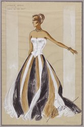 <em>"Fashion and Costume Sketch Collection. Irene sketch, striped gown for Katherine Hepburn in 'State of the Union,' 1948."</em>. Printed material. Brooklyn Museum. (Photo: Brooklyn Museum, SC01.1_box093-5_Irene_Irene_State_of_the_Union_Katherine_Hepburn_striped_gown_1948_PS9.jpg