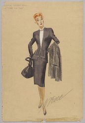 <em>"Fashion and Costume Sketch Collection. Irene sketch, black suite with checked coat for Lucille Ball in 'Time for Two,' n.d."</em>. Printed material. Brooklyn Museum. (Photo: Brooklyn Museum, SC01.1_box093-5_Irene_Time_for_Two_Lucille_Ball_black_suit_with_checked_coat_PS9.jpg