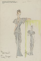 <em>"Fashion and Costume Sketch Collection. Charles LeMaire sketch, Ruth Warwick in 'Daisy Kenyon,'  1947. Evening gown of heavy grey crepe and grey Algernon lace. The lace is embroidered onto the crepe with cut steel and silver bands."</em>, 1947. Printed material. Brooklyn Museum. (Photo: Brooklyn Museum, SC01.1_box093-9_LeMaire_Ruth_Warwick_Daisy_Kenyon_1947_PS4.jpg
