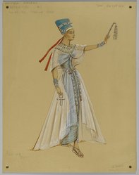 <em>"Fashion and Costume Sketch Collection. Adele Balkan/Charles LeMaire sketch, Anitra Stevens as Nefertiti in 'The Egyptian,' 1954."</em>. Printed material. Brooklyn Museum. (Photo: Brooklyn Museum, SC01.1_box103-1_Balkan_LeMaire_The_Egyptian_Anitra_Stevens_as_Nefertiti_1954_PS2.jpg