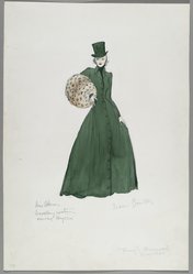 <em>"Fashion and Costume Sketch Collection. Travis Banton sketch, Travelling Costume, Arriving Majorca, A Song to Remember, 1943"</em>. Printed material. Brooklyn Museum. (Photo: Brooklyn Museum, SC01.1_box107-1_Banton_travelling_costume_A_Song_to_Remember_Oberon_1943_PS2.jpg