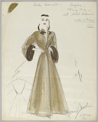 <em>"Fashion and Costume Sketch Collection. Bonnie Cashin sketch, bathrobe for Linda Darnell as Daphne in 'Unfaithfully Yours,' 1947."</em>. Printed material. Brooklyn Museum. (Photo: Brooklyn Museum, SC01.1_box109-1_Cashin_Unfaithfully_Yours_Linda_Darnell_as_Daphne_bathrobe_1947_PS2.jpg