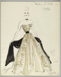 <em>"Fashion and Costume Sketch Collection. Bonnie Cashin sketch, strapless dress for Madame LaLotte in 'Unfaithfully Yours,' 1943-47."</em>. Printed material. Brooklyn Museum. (Photo: Brooklyn Museum, SC01.1_box109-1_Cashin_Unfaithfully_Yours_Madame_LaLotte_strapless_dress_1943-47_PS2.jpg