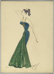 <em>"Fashion and Costume Sketch Collection. Bonnie Cashin sketch, blue and green gown, Twentieth Century Fox, 1947."</em>. Printed material. Brooklyn Museum. (Photo: Brooklyn Museum, SC01.1_box109-1_Cashin_blue_and_green_gown_Fox_47_PS2.jpg