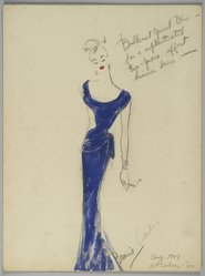 <em>"Fashion and Costume Sketch Collection. Bonnie Cashin sketch, bright blue gown, Twentieth Century Fox, 1947."</em>. Printed material. Brooklyn Museum. (Photo: Brooklyn Museum, SC01.1_box109-2_Cashin_20th_Century_Fox_bright_blue_gown_1947_PS2.jpg