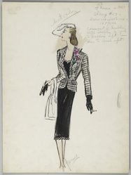 <em>"Fashion and Costume Sketch Collection. Bonnie Cashin sketch, Laura, black and white suit, 1944."</em>. Printed material. Brooklyn Museum. (Photo: Brooklyn Museum, SC01.1_box109-2_Cashin_Laura_black_and_white_suit_1944_PS2.jpg