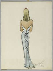 <em>"Fashion and Costume Sketch Collection. Bonnie Cashin sketch, backless blue gown, 1944."</em>. Printed material. Brooklyn Museum. (Photo: Brooklyn Museum, SC01.1_box109-2_Cashin_backless_blue_gown_back_view_1944_PS2.jpg