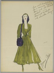 <em>"Fashion and Costume Sketch Collection. Bonnie Cashin sketch, green and purple ensemble, 1943-47."</em>. Printed material. Brooklyn Museum. (Photo: Brooklyn Museum, SC01.1_box109-3_Cashin_green_and_purple_ensemble_1943-47_PS2.jpg