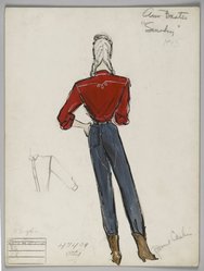 <em>"Fashion and Costume Sketch Collection. Bonnie Cashin sketch, jeans and boots for Anne Baxter in 'Smokey,' 1945."</em>. Printed material. Brooklyn Museum. (Photo: Brooklyn Museum, SC01.1_box111-2_Cashin_Smokey_Anne_Baxter_back_view_with_jeans_and_boots_1945_PS2.jpg