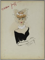 <em>"Fashion and Costume Sketch Collection. Bonnie Cashin sketch, dessert hat, cream puff, in 'Diamond Horseshoe, 1945."</em>. Printed material. Brooklyn Museum. (Photo: Brooklyn Museum, SC01.1_box111-3_Cashin_Diamond_Horseshoe_dessert_hat_cream_puff_1945_PS2.jpg