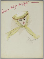 <em>"Fashion and Costume Sketch Collection. Bonnie Cashin sketch, dessert hat, lemon chiffon soufflé, in 'Diamond Horseshoe, 1945."</em>. Printed material. Brooklyn Museum. (Photo: Brooklyn Museum, SC01.1_box111-3_Cashin_Diamond_Horseshoe_dessert_hat_lemon_chiffon_souffle_1945_PS2.jpg