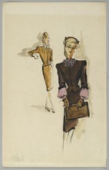<em>"Fashion and Costume Sketch Collection. Edith Head sketch, brown suit, 1944."</em>. Printed material. Brooklyn Museum. (Photo: Brooklyn Museum, SC01.1_box116-1_Head_brown_suit_1944_PS2.jpg