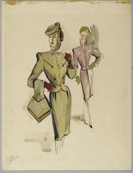 <em>"Fashion and Costume Sketch Collection. Edith Head sketch, suit with geometric bag, 1945."</em>. Printed material. Brooklyn Museum. (Photo: Brooklyn Museum, SC01.1_box116-1_Head_suit_geometric_bag_1945_PS2.jpg
