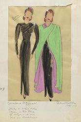 <em>"Fashion and Costume Sketch Collection. René Hubert sketch, dress and cape for Geraldine Fitzgerald, 1944."</em>. Printed material. Brooklyn Museum. (Photo: Brooklyn Museum, SC01.1_box116-3_Hubert_Geraldine_Fitzgerald_1944_PS2.jpg