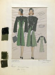 <em>"Fashion and Costume Sketch Collection. René Hubert sketch, green suit and coat dress, 1943."</em>. Printed material. Brooklyn Museum. (Photo: Brooklyn Museum, SC01.1_box116-3_Hubert_green_suit_and_coat_dress_1943_PS2.jpg
