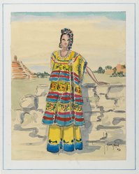 <em>"Fashion and Costume Sketch Collection. Charles LeMaire sketch, Mexican huipil for 'Captain from Castile, 1946."</em>. Printed material. Brooklyn Museum. (Photo: Brooklyn Museum, SC01.1_box119-2_LeMaire_Captain_from_Castile_Mexican_huipil_1946_PS2..jpg